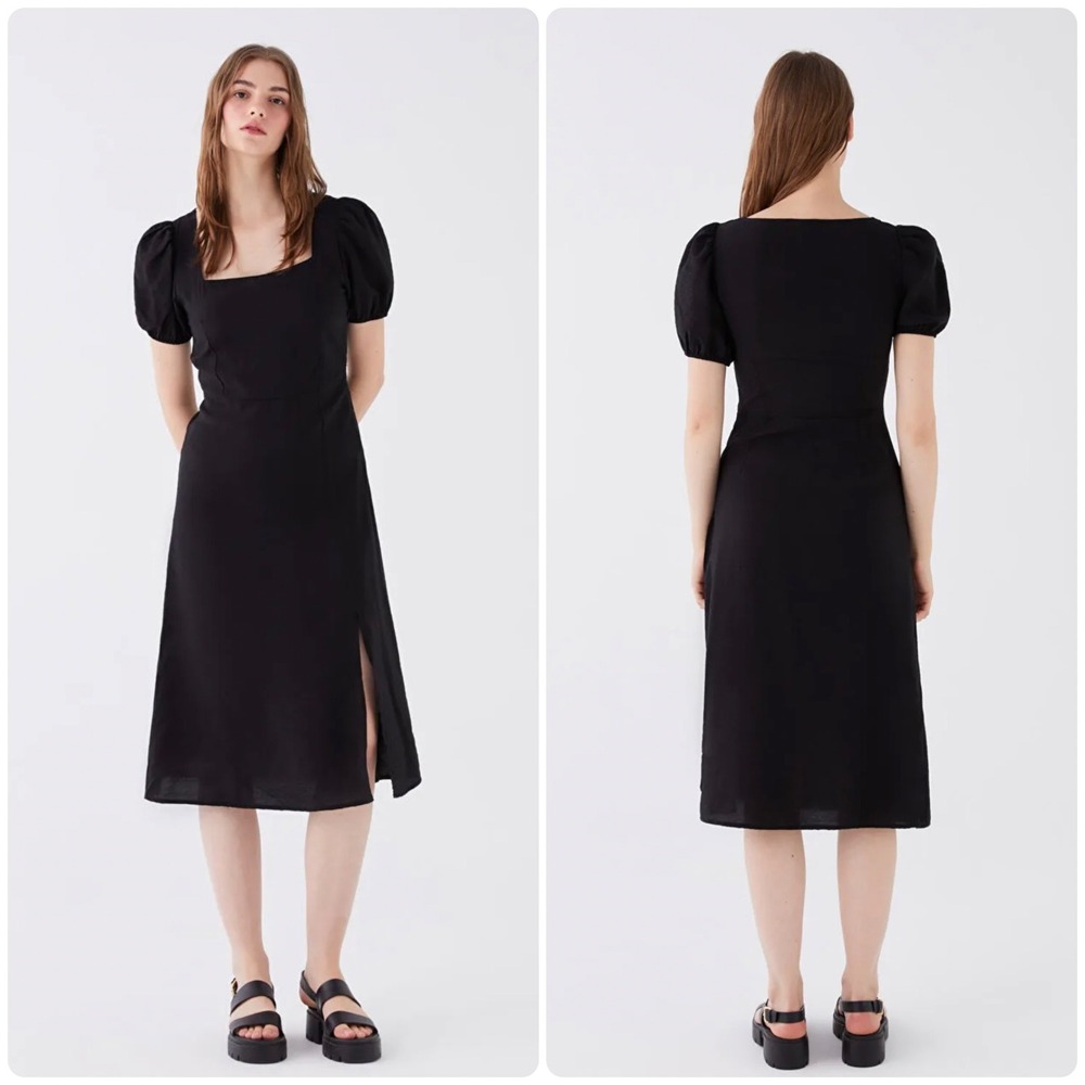 XSIDE Womens Black Puff Sleeve Square Neck Romantic Minimalist Midi Dress Size S